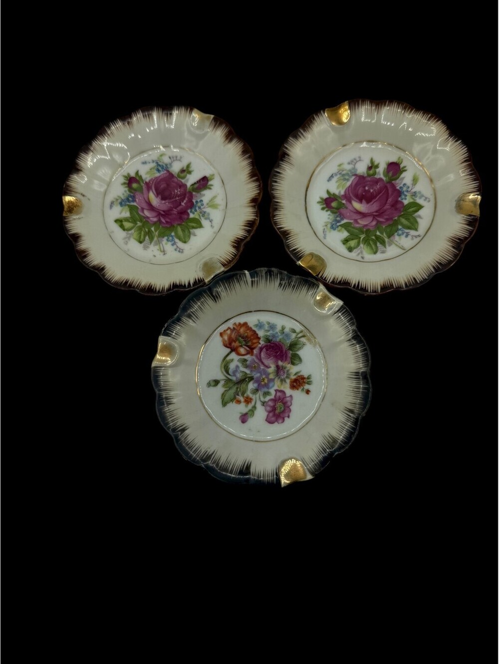 Vintage Floral Porcelain Ashtrays Set of 3 with Gold Trim